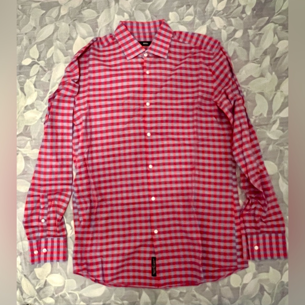 Hugo Boss Men Red Check Shirt 39 15.5 Cotton Dress Shirt Good Condition
